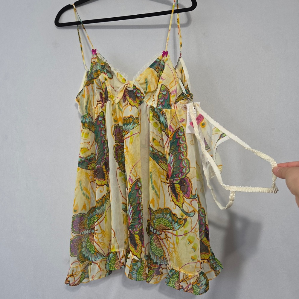 NWT Betsey Johnson Babydoll Lingerie Set L Yellow Chiffon Y2K Coquette Romantic